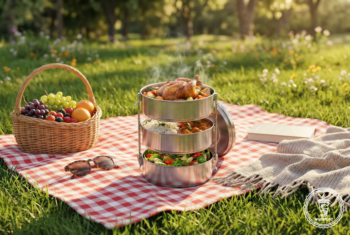 ظرف غذای استیل دوجداره برای حفظ دمای غذای خانگی در پیک‌نیک