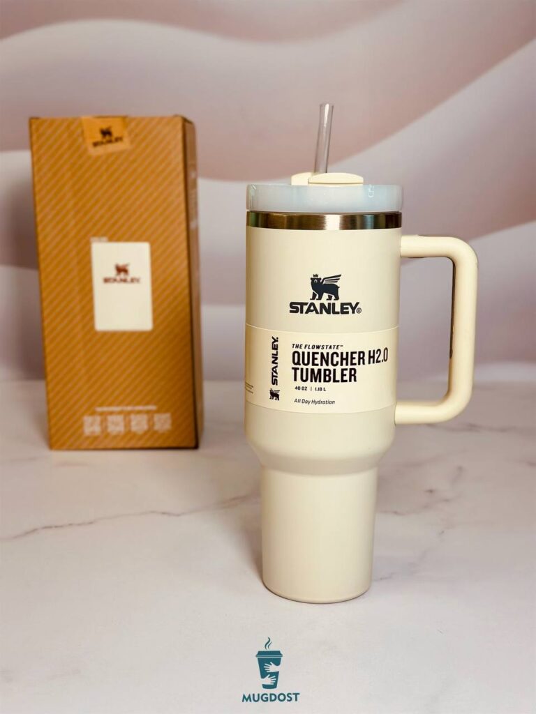 طراحی استیل دوجداره و نی مخصوص ماگ استنلی Quencher سفید