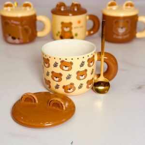 ماگ تدی گوش دار همراه قاشق استیل براق