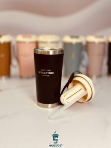 تراول ماگ لبه استیل دوحالته بند دار مشکی با توری دمنوش