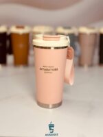 تراول ماگ لبه استیل دوحالته بند دار رنگ صورتی